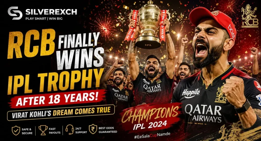 RCB finally wins IPL after 18 years. Virat Kohli in tears lifting trophy. RCB champion 2026 celebration on Silverexch