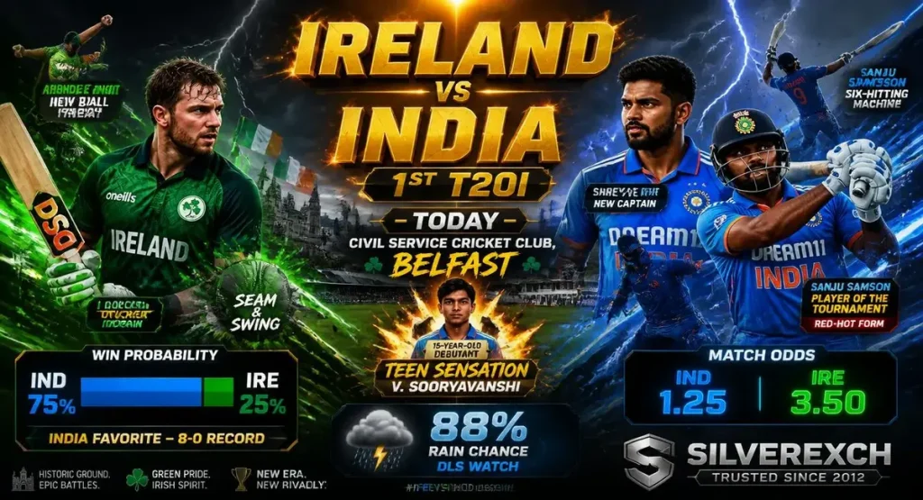Ireland vs India 1st T20I 2026 at Civil Service Cricket Club Belfast. Seam-friendly pitch & Dream11 prediction on Silverexch