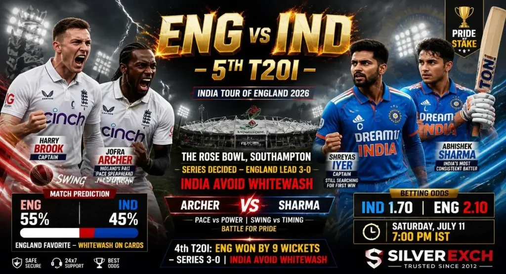ENG vs IND 5th T20I prediction 2026 India avoid whitewash Dream11 team Rose Bowl pitch report betting odds Silverexch