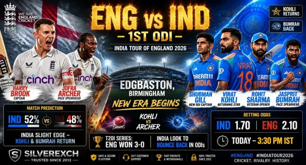 ENG vs IND 1st ODI 2026 match prediction Kohli Bumrah return Dream11 team Edgbaston pitch report betting odds Silverexch
