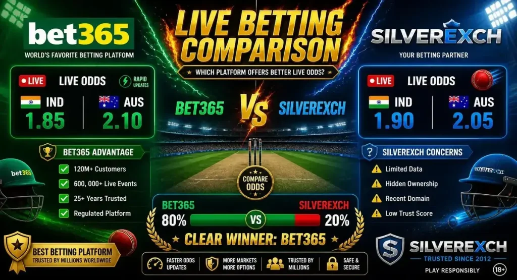 Bet365 vs Silverexch live cricket betting comparison odds features trust score