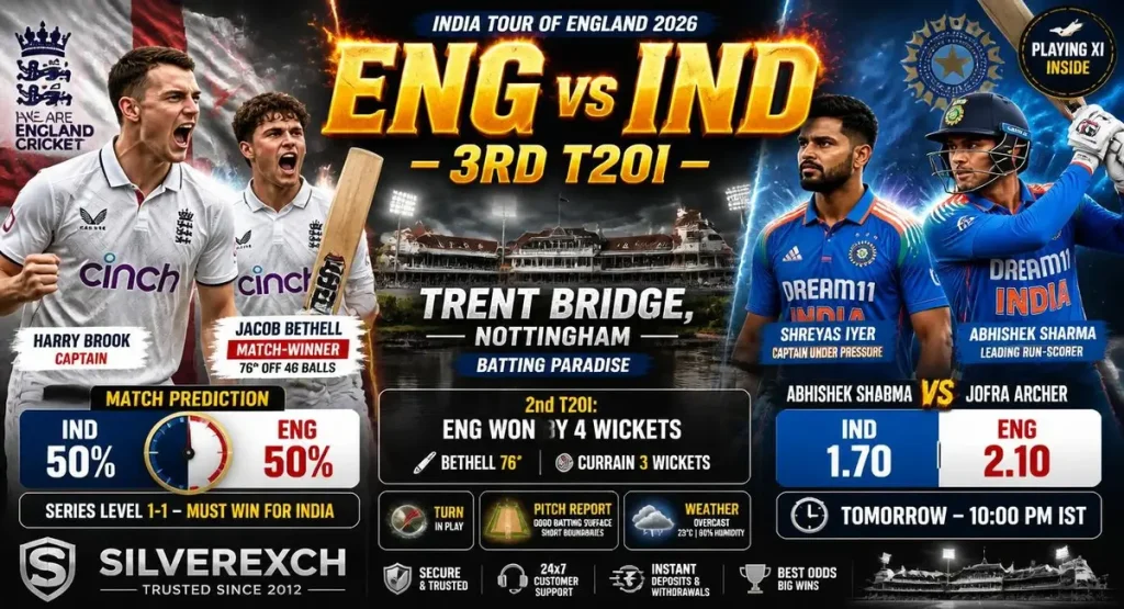 ENG vs IND 3rd T20I prediction 2026 India must win Dream11 team Trent Bridge pitch report betting odds Silverexch