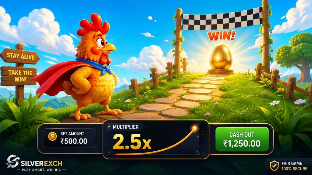 Chicken Road game on Silverexch - cartoon chicken crossing green road with multiplier counter and cash out button