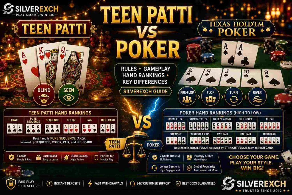 Teen Patti vs Poker comparison guide rules gameplay hand rankings Silverexch
